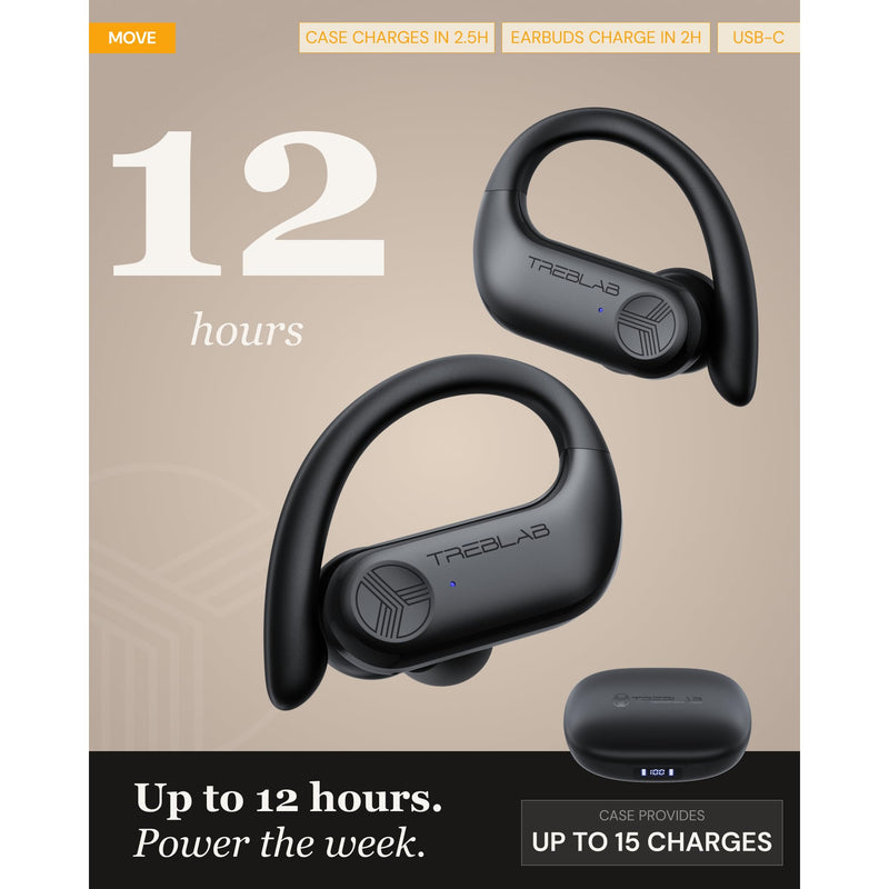 TREBLAB X3-Pro Earbuds Wireless Bluetooth, Earhook IPX5 12H Powerbank | Bluetooth Running Headphones, gaming mode 60ms, wireless charging case, secure earhook, ENC mics, BT 5.3, 9g ultra-light Black Logo