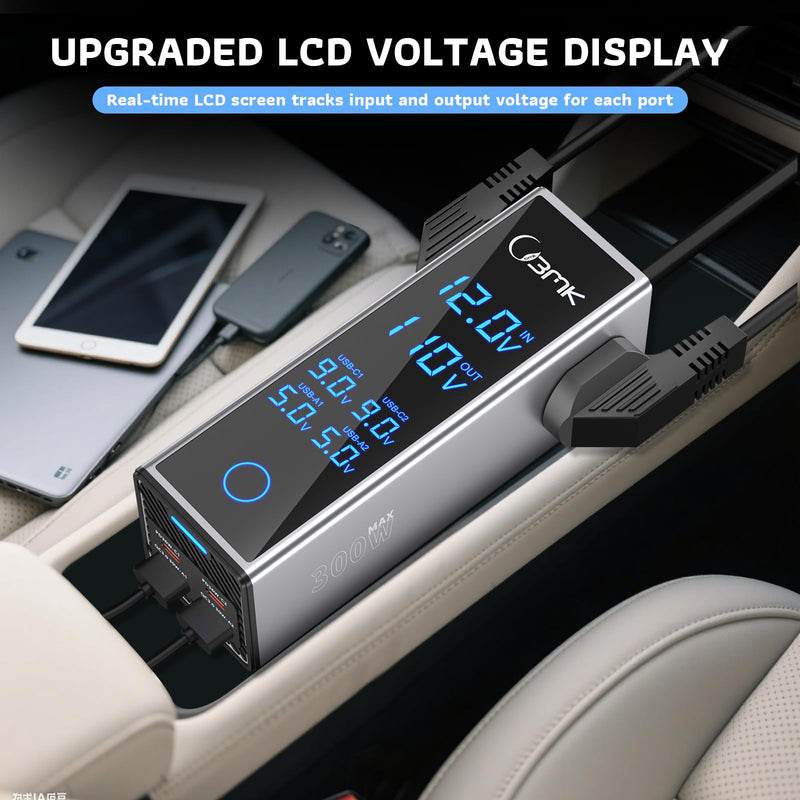 300W Car Power Inverter 12V DC to 110V AC Outlet Adapter 4 Fast USB Ports with PD 36W QC3.0 LCD Voltage Display Stackable Design for Laptop CPAP Road Trip Essentials Gray with black