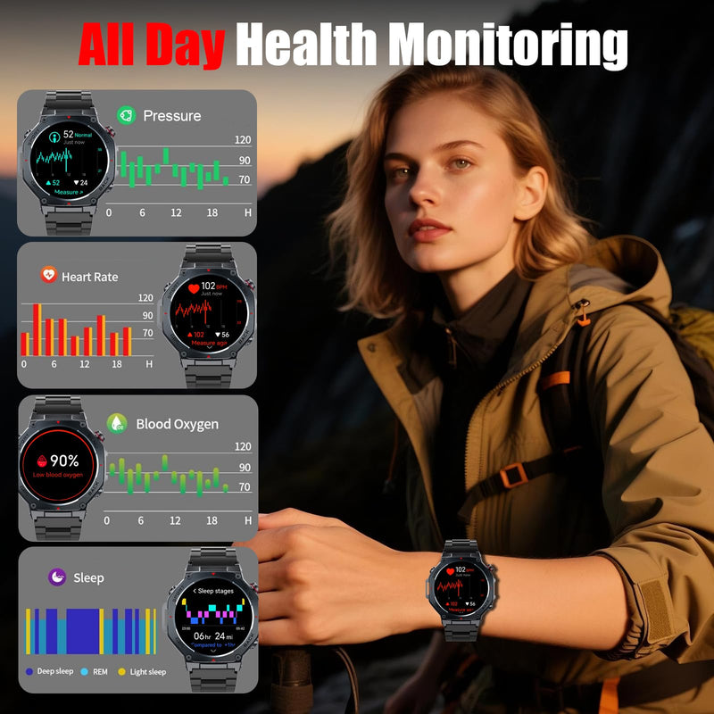 Jugeman Military Smart Watch for Men Built-in GPS with LED Flashlight-Black | 1.43" AMOLED Display, 5ATM Waterproof, Compass, Fitness Tracker, Heart Rate/Sleep/Blood Oxygen, Watches for Android/iPhone Black