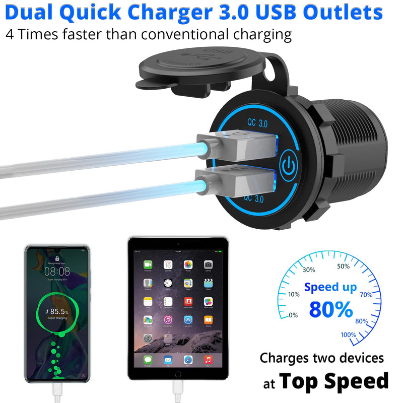5 Pack Quick Charge 3.0 12V USB Outlet, Qidoe Waterproof QC3.0 Dual USB Power Outlet with Touch Switch Fast Car Charger Socket for 12V-24V Car Golf Cart Boat RV Motorcycle - More Affordable Pack