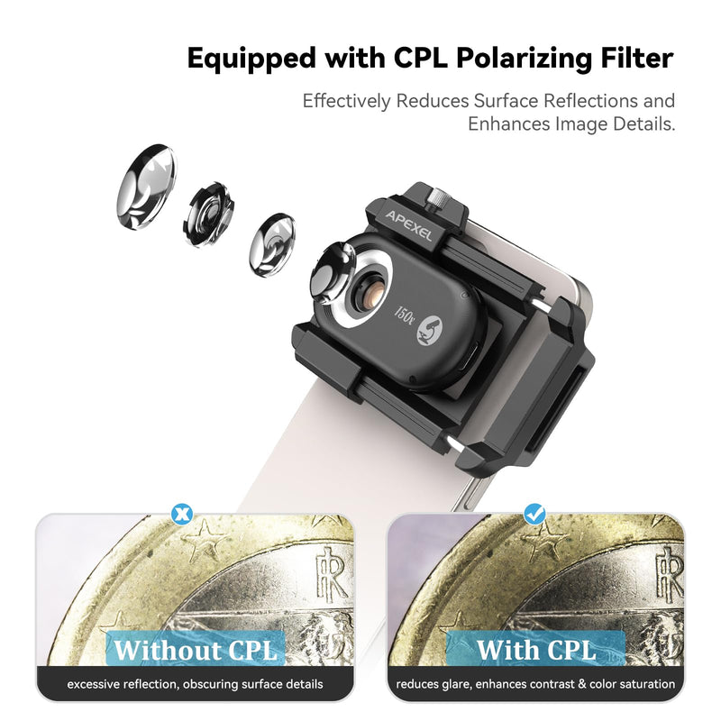 APEXEL Phone Microscope Lens, PhoneMicro 5 Series 150X Phone Micro Lens for Android/iPhone With LED Light/CPL/Universal Clip, Mini Pocket Microscope, Smartphone Camera Attachment for iPhone & Android. MS150 (150X)