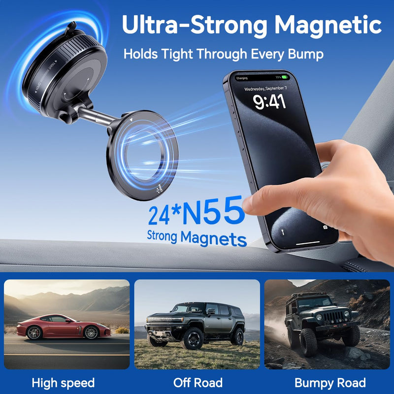 Vacuum Suction Cup Magnetic Phone Holder, Upgraded 360° Adjustable Magnetic Suction Cup Phone Mount for Car/Gym/Mirror/Smooth Surface, for iPhone, Android Smartphones(Black) BLACK