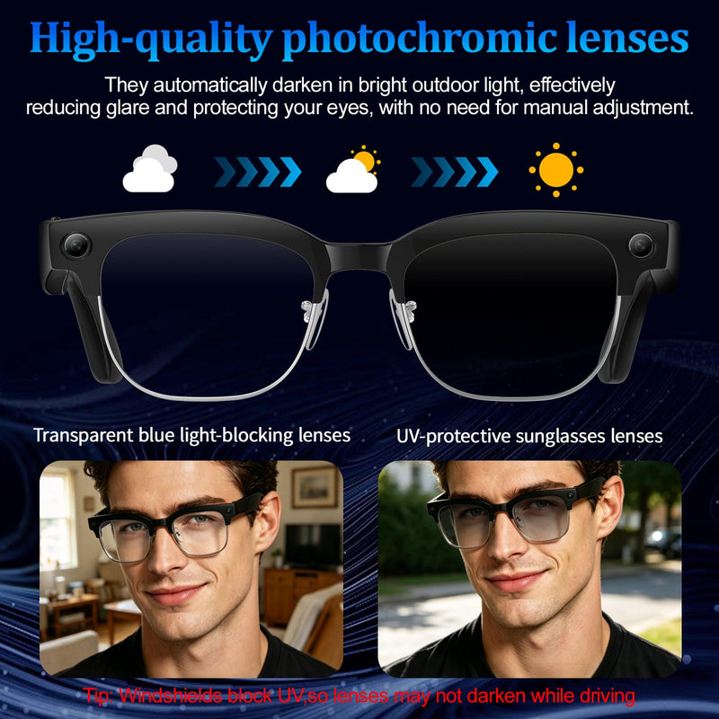 AI Smart Glasses with 8MP Camera, 1080P Video Recording & HD Photos, Bluetooth Audio, Voice Assistant, Real-Time Translation, Noise Cancelling Calls & Music, Photochromic Lenses W630_Black