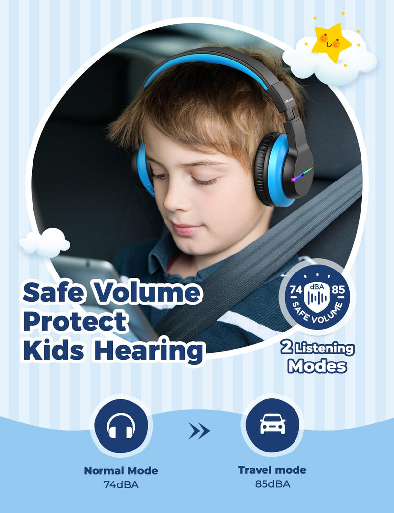 iClever BTH12 Kids Bluetooth Headphones 85H Playtime with LED Lights Travel | SafeSound Tech, Stereo Sound, USB C Charging AUX Cable Over Ear Built-in Mic, Kids Wireless Headphones for Toddler Boys Girls Pink&Black