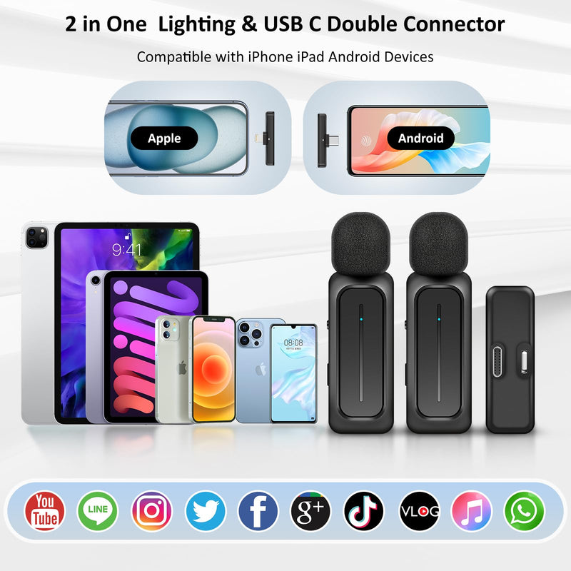 [AUSTRALIA] - Ecomxia 2 Pcs Wireless Lavalier Microphone for iPhone iPad Android with Charging Case 7H Clip on Lapel Microphone Wireless for Video Recording Vlogging, YouTube, Interview, 3 Mode Denoise, 70ft Black 