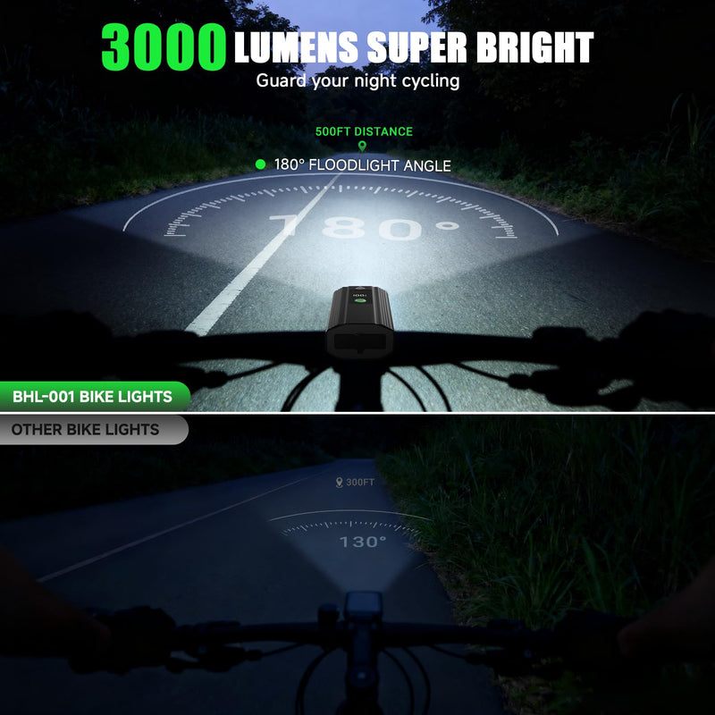 [AUSTRALIA] - 3000 Lumens Super Bright Bike Lights for Night Riding, 5000mAh USB C Rechargeable LED Bicycle Light Front and Rear, Headlight and Back Tail Light Set for Road Mountain Black 1 Set 