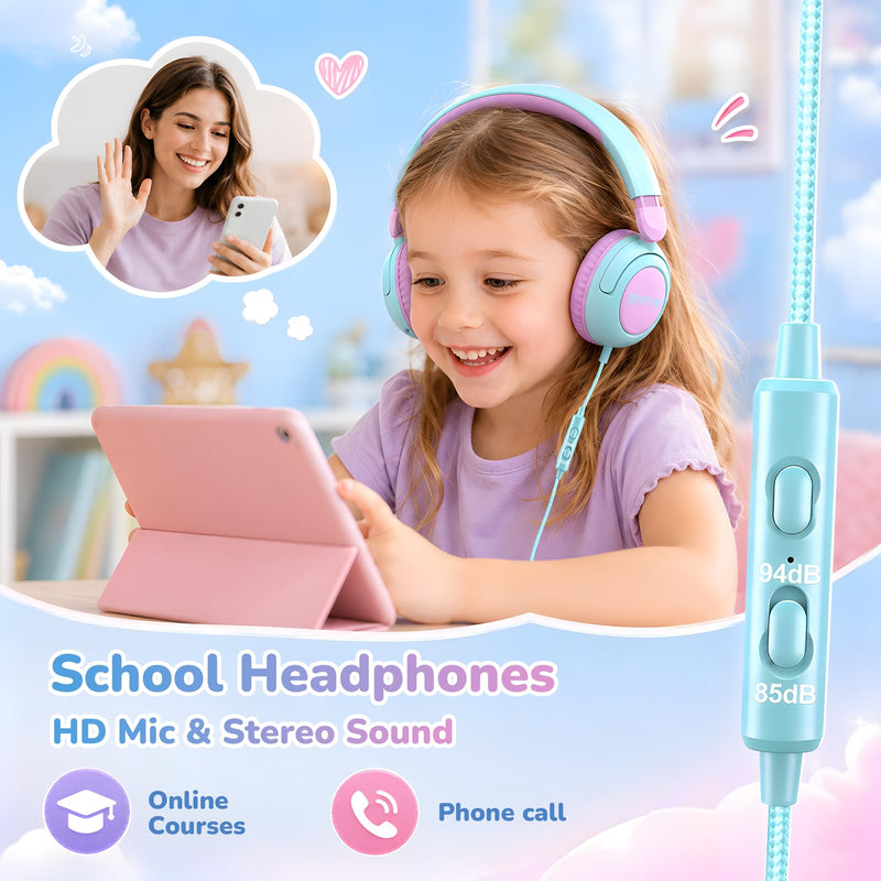 IMYB V8 Kids Headphones for School, Wired HD Mic 3-15 Year for Girls Boys | 85/94dB Volume Limit Safe Over-Ear Toddlers Durable Foldable Cord for iPad Tablet PC, Travel Airplane (Blue) Blue