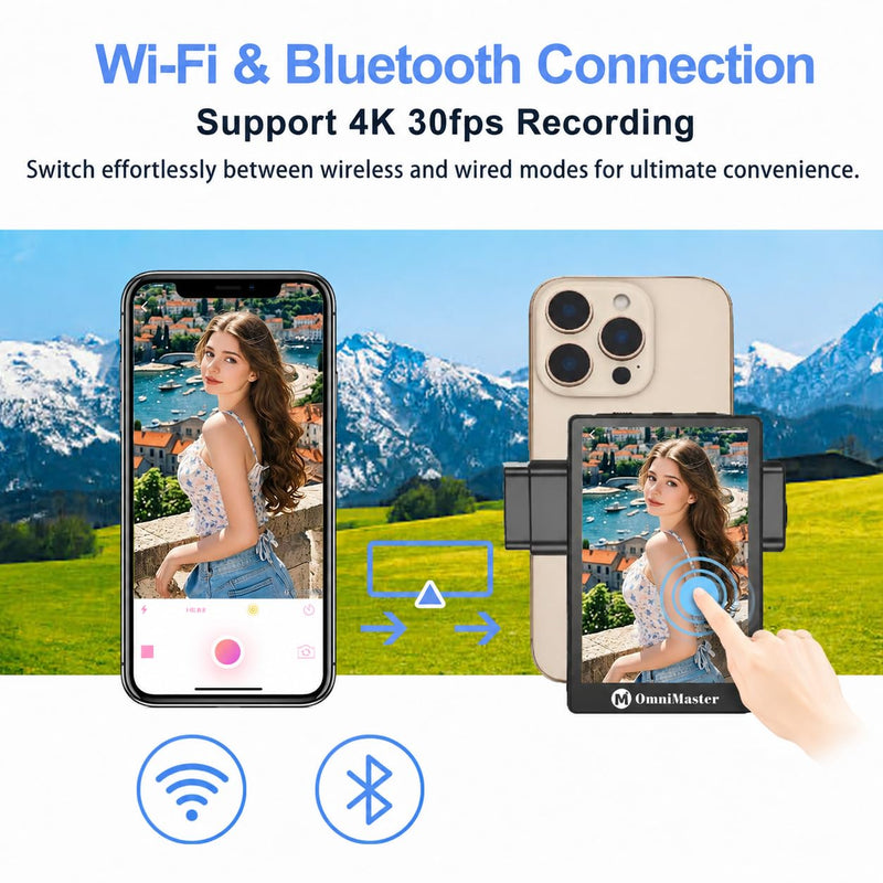 OmniMaster Phone Vlog Selfie Monitor with Touch Screen & Speaker, Magnetic Phone Holder Clip Mount, Using Rear Camera for Selfie Vlog Or Live Stream