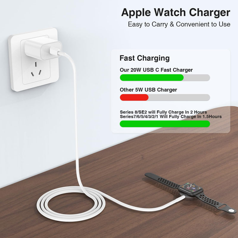 Cabepow for Apple Watch Charger,USB C Magnetic Apple Watch Charging Cable 6FT with 20W USB C Charger Block for iWatch Series Ultra/9/8/7/6/SE/SE2/5/4/3/2/1-White White