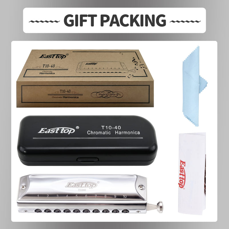 [AUSTRALIA] - Chromatic Harmonica Key of C,10 Holes 40 Tones Professional Mouth Organ with Slide for Beginners Adults, Professionals and Students by East top as a gift silver-40 