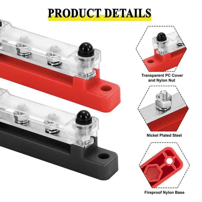 GUNGY Busbar 12V-48V DC Busbars Distribution Block Busbar 150A Power Distribution Block with 4 x M6 Connection Bolts for Car RV Boat Red Black Pack of 2