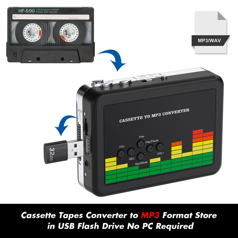 DIGITNOW USB Cassette Player, Portable Walkman Stereo Tape to MP3 Converter, Audio Music Recorder to MP3 Digital File Converter with Earphones, No PC Required, Black, BR607