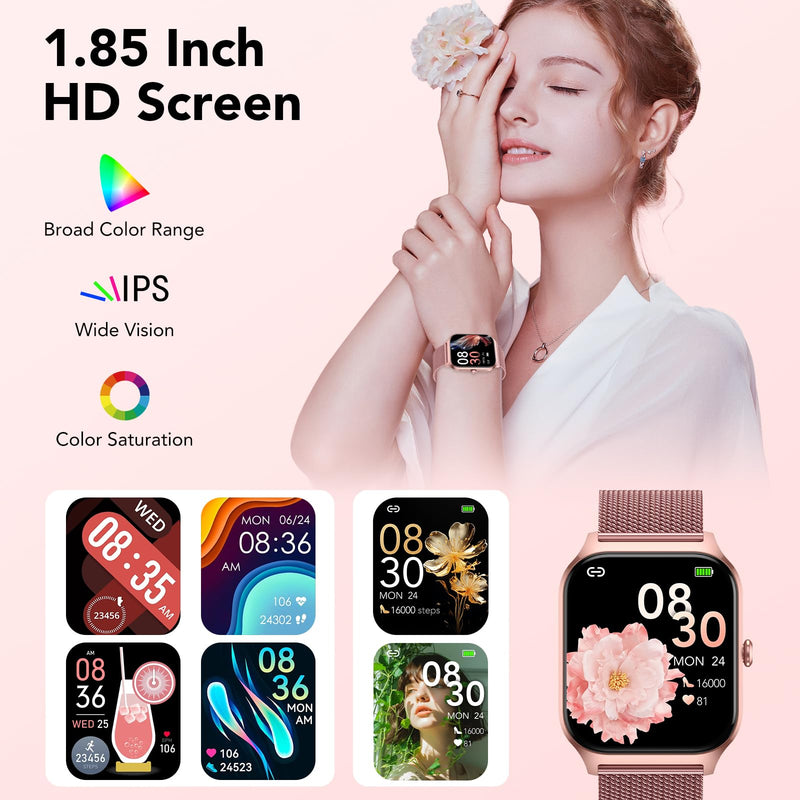 CASCHO Smart Watch for Women (2 Bands), Bluetooth Call Smartwatch with AI Voice,1.85" HD Fitness Watch,Heart Rate/SpO2/Steps/Sleep Monitor,120+ Sports Modes,Smart Watches for Android iOS-Rose Gold