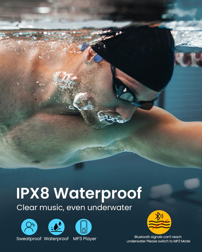 HIFI WALKER Waterproof Bone Conduction Headphones IPX8 for Swimming with 32GB MP3 Player, Bluetooth 5.3 Open-Ear Wireless Headphones for Running Cycling Gym - 8H Playtime & Fast Charging