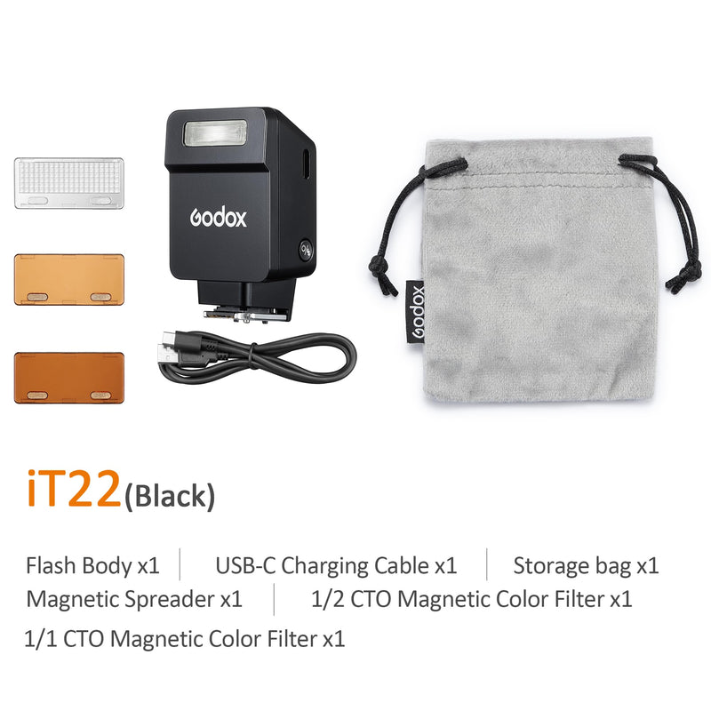 GODOX IT22 S TTL MINI iFlash Camera Flash Light,700+ Flashes & 1.5 s Recycling,6 Stops (1/32 to 1/1 Power),Built in Battery with Magnetic Diffuser & Filter (Black, for Sony) Black