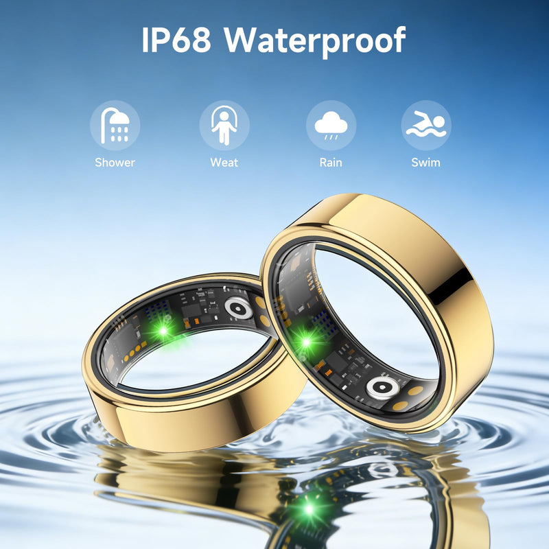 Smart Ring for Women Men, Health Tracker, Fitness Ring (Gold, 8#) | Sleep Monitor, Heart Rate, Blood Oxygen Step Counter, IP68 Waterproof Fit Ring No Subscription, iOS & Android Compatible Gold 8#
