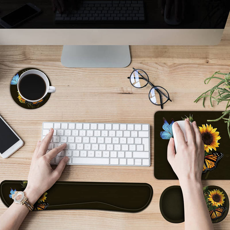 Keyboard Wrist Rest + Mouse Pad + Mouse Wrist Rest Support Set + Coaster, Ergonomic Memory Foam Mouse and Keyboard Pad Set for Laptop Computer Office Home Working Gaming, Sunflower Butterfly