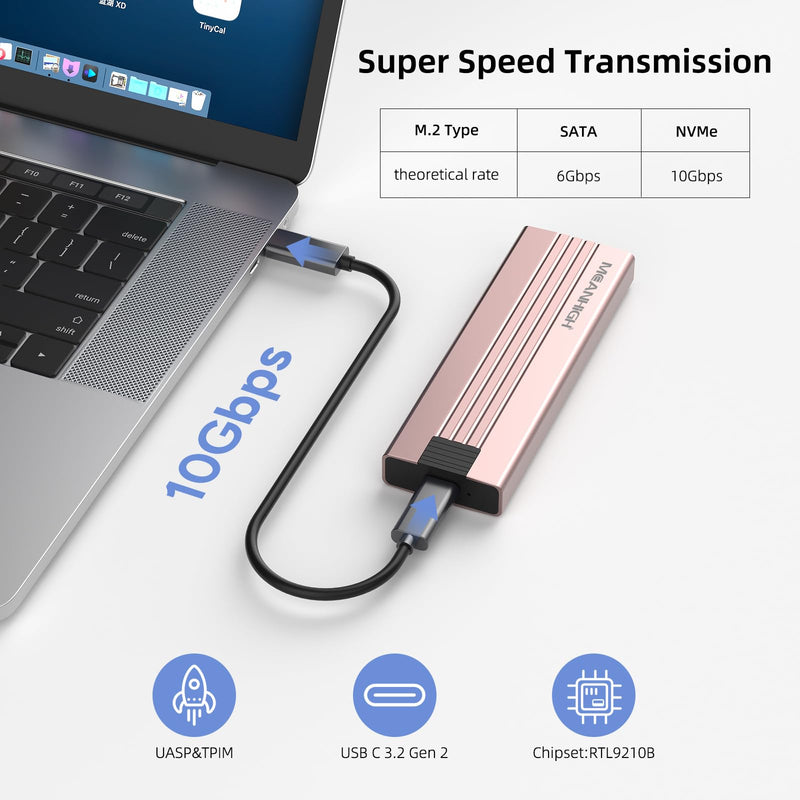 M.2 NVME SATA SSD Enclosure, Tool-Free USB 3.2 Gen 2 10Gbps NVME to USB Adapter, Supports M and B&M Keys External Solid State Drive Case for Size 2242/2260/2280(up to 8TB) Pink