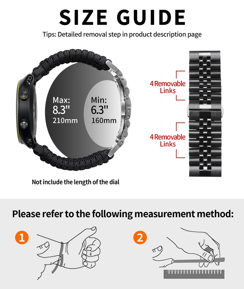 BINLUN Compatible with Garmin Watch Band 22mm Braided 550 Paracord Stainless Steel Sport Strap Fit for Quickfit Fit for Fenix