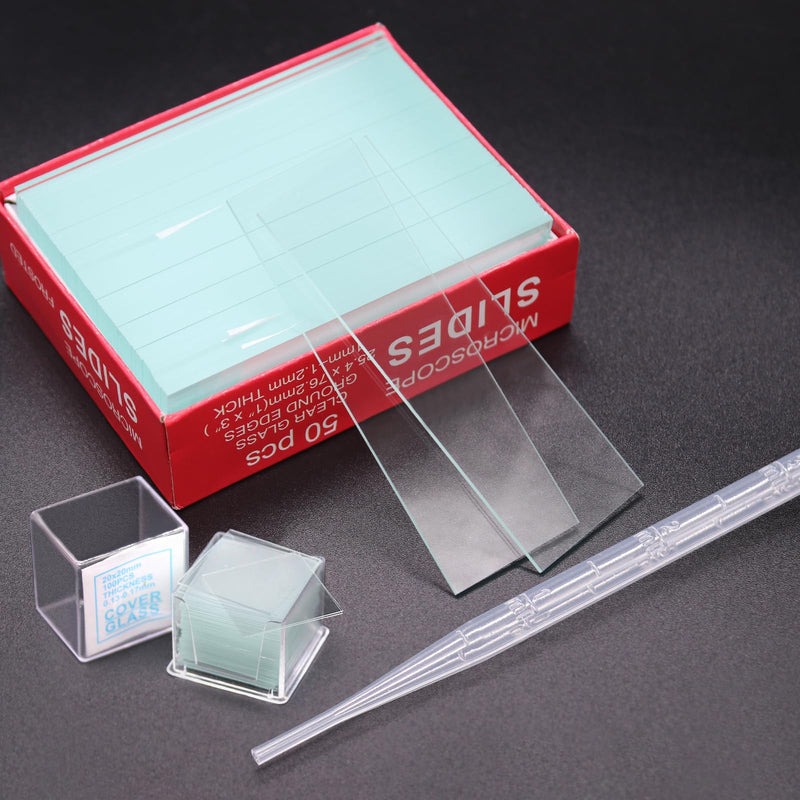 RUNYU® Pack of 100 Pre-Cleaned Microscope Slides 76.2 x 25.4 mm and 200 Cover Glasses Microscope 20 x 20 mm with 10 Pipette 3 ml Laboratory Biology Science Study Accessories