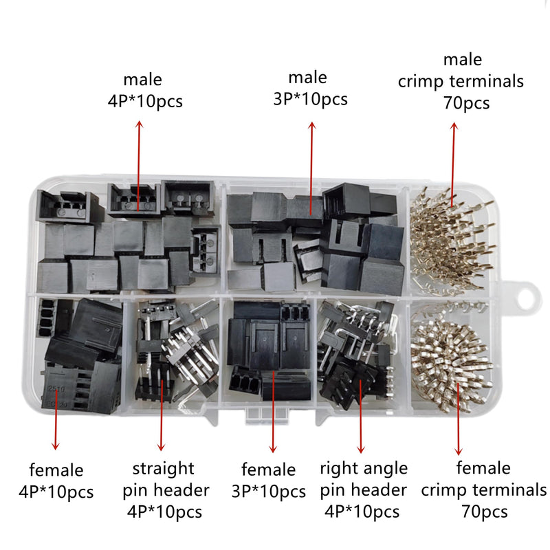 200PCS PWM Plastic Shell Computer Case Cooling Fan Male Female Plug Interface 3-Pin/4-Pin PC Fan Connector Kit