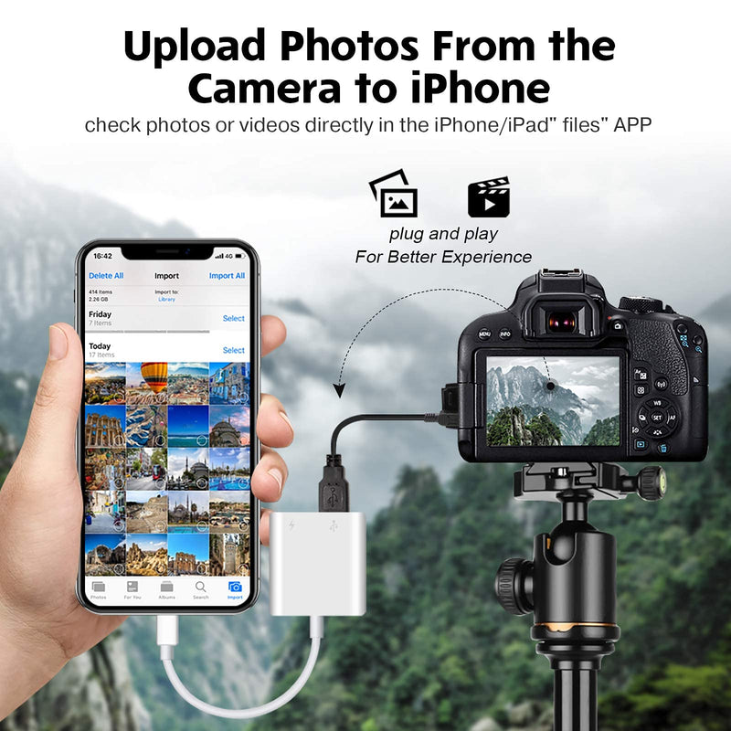 USB Camera Adapter, USB Female OTG Adapter Compatible with iPhone iPad, Portable USB Adapter for iPhone with Charging Port, No Application, Plug and Play