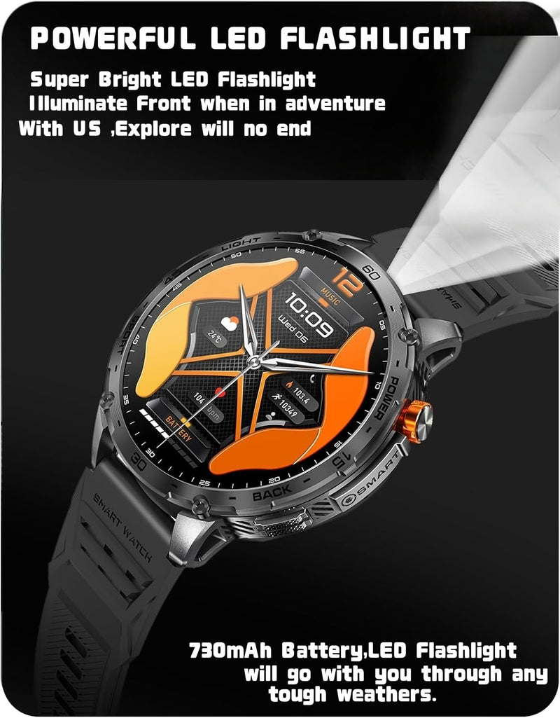 Military Smart Watch, 1.75" Crystal Ultra-Clear AMOLED Display,Spo2 Blood Oxygen Heart Rate Monitor Super Long Standby 730mAh Battery, Bluetooth Calling,LED Flashlight,IP68 Waterproof (Black) Black