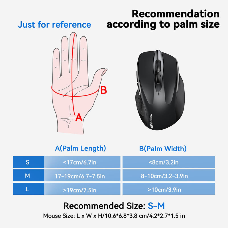[AUSTRALIA] - TECKNET Wireless Mouse, 2.4G Ergonomic Optical Mouse, Computer Mouse for Laptop, PC, Computer, Chromebook, Notebook, 6 Buttons, 24 Months Battery Life, 2600 DPI, 5 Adjustment Levels Black 