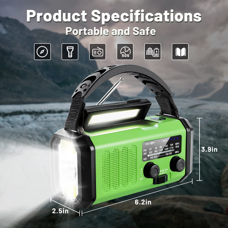 [AUSTRALIA] - Emergency Hand Crank Radio with 10000mAh/37000mWh Battery Backup, AM FM NOAA Weather Radio, Type-C Charge,Solar Radio,SOS, 3 Modes LED Flashlight，Reading Lamp, Compass for Outdoor Survival Mint Green 