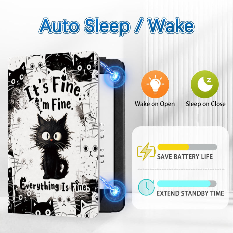 Cat Lover Gifts, Funny Black Cat Case for 7"/ 6.8" Kindle Paperwhite 12th/11th Gen, Everything is Fine PU Leather Cover with Auto Wake/Sleep, Birthday Gift for Cat Mom Lady