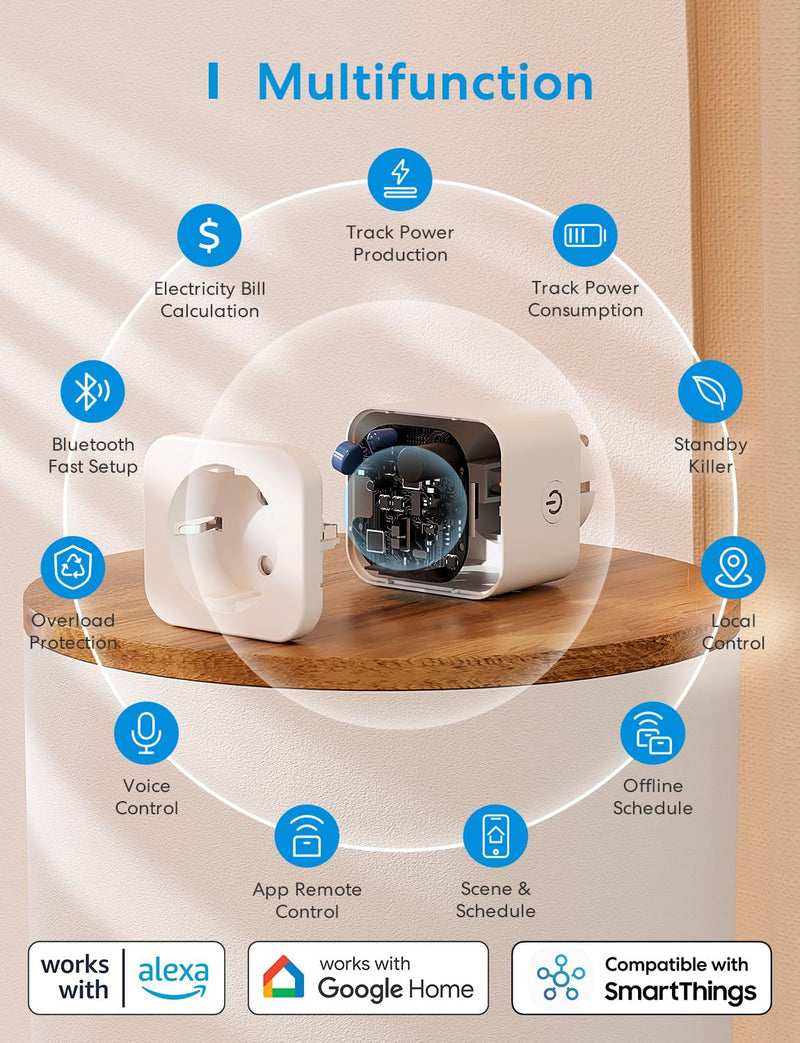 Meross Smart Socket with Current Measurement 16 A, Bluetooth WLAN Socket with Timer, Voice and Remote Control, Electricity Meter for Balcony Power Plant, Works with Alexa, Google Home, Pack of 2 WiFi socket with current measurement 2St.