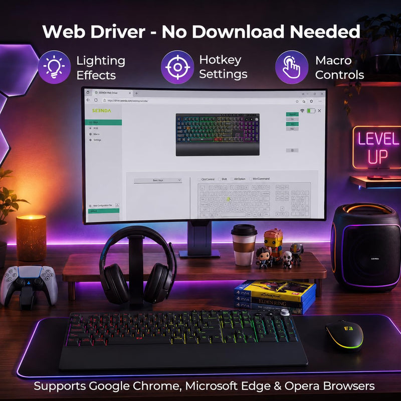 seenda Wireless Gaming Keyboard and Mouse, RGB Backlit & Web Customizable | Multi-Device Connection, Programmable, Full Size Rechargeable Keyboard with Wrist Rest & 7200 DPI Mouse for PC/Mac/Laptop Black