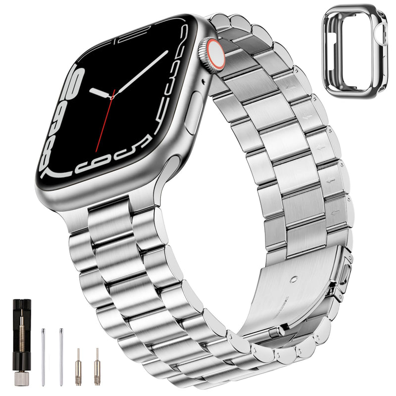 SUNFWR Compatible with Apple Watch Band 45mm 44mm 42mm for Men Women, Stainless Steel Metal iWatch Band with Case + Top Grain Genuine Leather Band for Apple Watch Series Ultra 9/8/7/6/5/4/3/2/1/SE/SE2