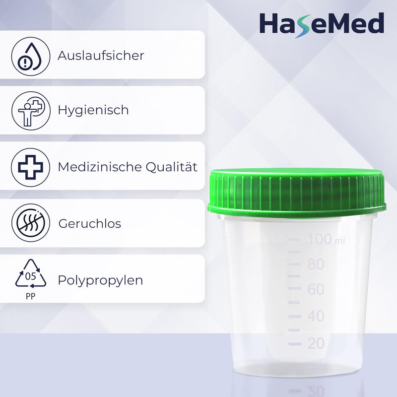 3 x HaseMed Premium Urine Cup Sample Cup | 125 ml, Screw Cap Lid, Green, Graduated up to 100 ml, Leak-Proof, Writeable, Freezable 3