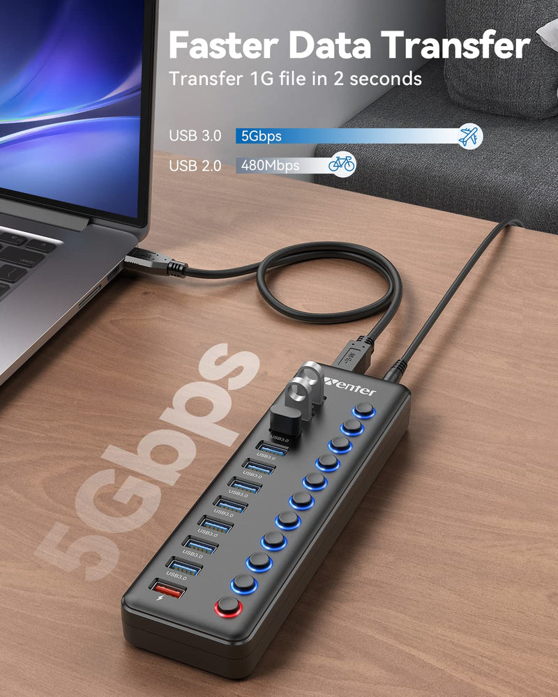 Powered USB Hub, Wenter 11-Port USB Splitter Hub (10 Faster Data Transfer Ports+ 1 Smart Charging Port) with Individual LED On/Off Switches, USB Hub 3.0 Powered with Power Adapter for Mac, PC 10 USB 3.0 ports + 1 Charging port