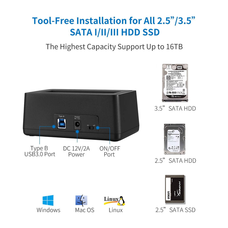 SSK USB 3.0 to SATA External Hard Drive Docking Station Enclosure Adapter for 2.5 & 3.5 Inch HDD SSD SATA, Super Speed up to 5Gbps, Support UASP no Drivers Needed(16TB Supports)