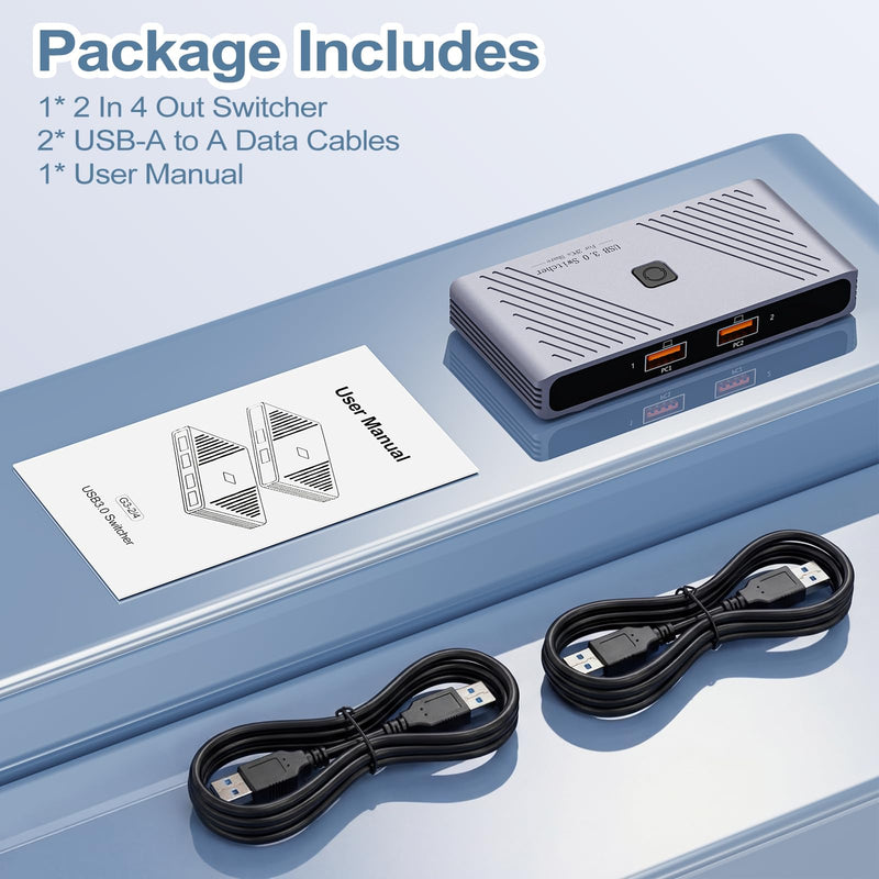 USB 3.0 Switch, 2 Computers Sharing 4 USB Devices, One-Button Switcher | For Keyboard Mouse Printer Scanner, USB Peripheral Sharing Hub for PC Laptop with 2 USB 3.0 Cables, Aluminum Alloy Case For 2 PCs