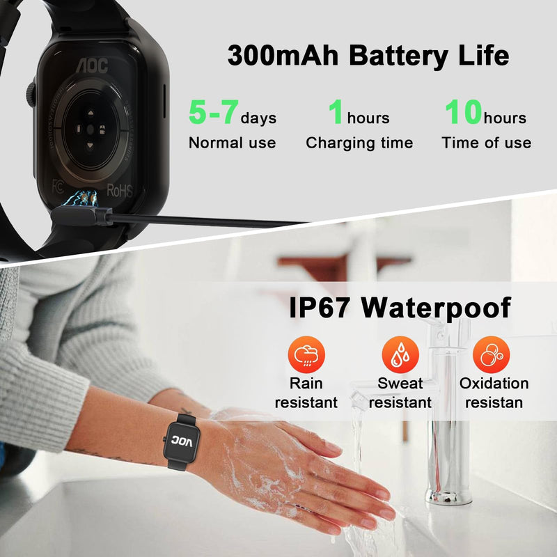 AOC Smartwatch E07 Fitness Sports Watch, 1.96 Amoled HD Touchscreen, Bluetooth Call, GPT AI, Voice Assistant‌, Heart Rate & Sleep Tracking, IP67 Waterproof Sports Modes for Men & Women Black