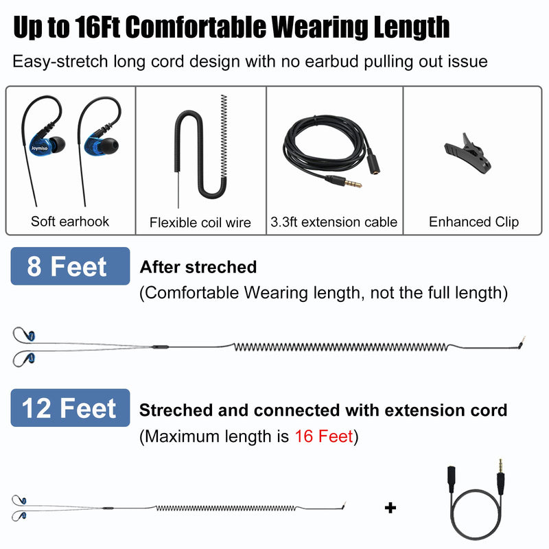 Joysico 19.5Ft / 6M Long Cord Over Ear Headphones with Volume Control, 16Ft Long Cord in-Ear Earbuds with Mic and Volume Control Bundle, Spring Coil Wire, Extension Cable, 3.5mm AUX, for TV PC Laptop