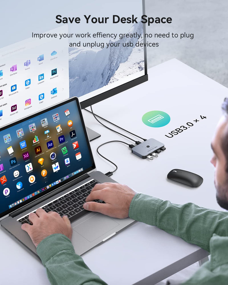 USB Switch, ABLEWE Aluminum USB 3.0 Switcher 2 Computers Sharing 4 USB Devices for PC Printer Scanner Mouse Keyboard with 2 USB 3.0 Cable, USB KVM Switch Selector Compatible with Windows, Mac, Linux