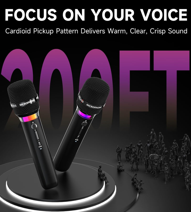 [AUSTRALIA] - Wireless Microphone, Rechargeable Wireless Microphones with One-to-One Chip Connection and LED Lights, 40H Duration, 200FT Range Receiving, Less Latency Karaoke Microphone for Singing, Speech, Party 