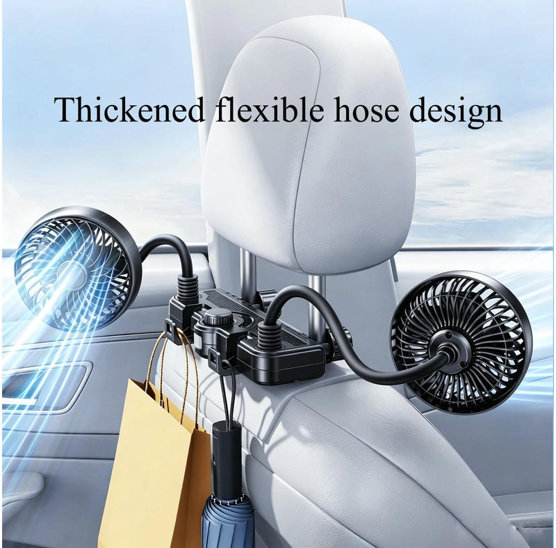 3000mAh Rechargeable Car Seat Fan, Dual Head 360° Flexible Headrest Fan for Car Backseat, Quiet USB Vehicle Cooling Fan with Storage Hooks for Rear Facing, Pets, SUV