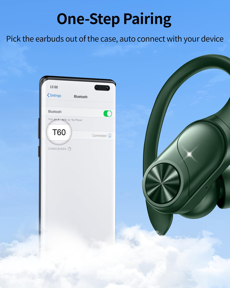 2 Sets Bluetooth Headphones Wireless Earbuds 80hrs Playtime Wireless Charging Case Sports Ear buds with Earhook Premium Deep Bass IPX7 Waterproof Over-Ear Earphones for TV Phone Laptop Olive and White