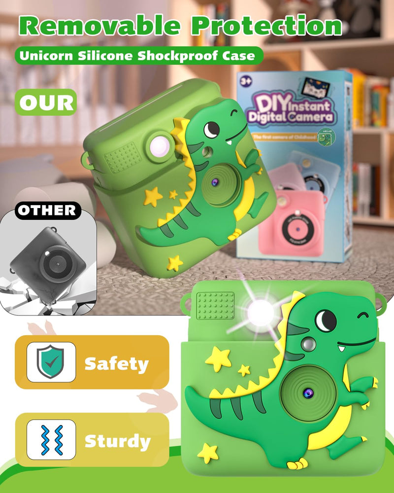 Instant Print Kids Camera,1080P HD Video Record Kids Camera Dinosaur Toys for Boys Age 8-10, Christmas Birthday Gifts for Boys 3 4 5 6 7 8 9 10 Year Old with 3 Rolls Photo Paper and 32G Card Green