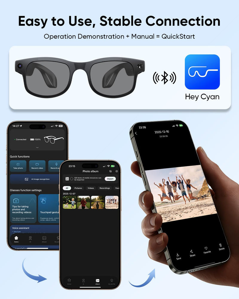 CJkao Smart Glasses with Camera, AI Camera Glasses, Video Recording, Voice Assistant Control Bluetooth Music for Men Women Teenager