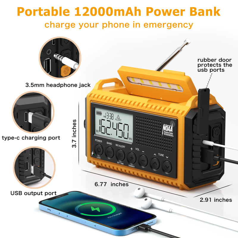 12000mAh NOAA Emergency Weather Radio, Hand Crank Emergency Radio Portable AM FM Shortwave, Solar Rechargeable Battery Powered Radio with USB-C Charger & Adapter, SOS Alert Flashlight for Home Camping 12000mAh Yellow with LCD Display
