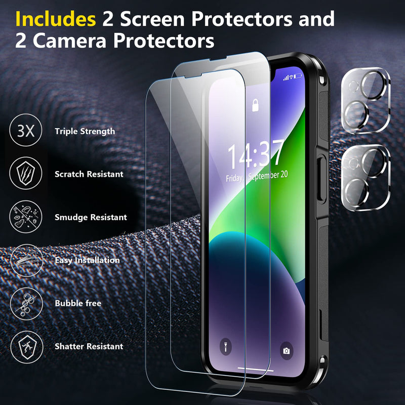 SPIDERCASE for iPhone 14 Case/iPhone 15 Case, [15 FT Military Grade Protection] 2 Pack [Tempered Glass Screen Protectors+Camera Lens Protectors] Heavy Duty Shockproof Case, Black