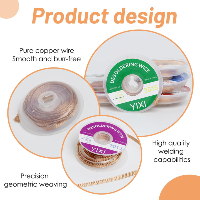 Pack of 6 Desoldering Wire, No-Clean Soldering Braid 1.5 m Copper Wire (1.0/1.5/2.0/2.5/3.0/3.5 mm) for Desoldering, Desoldering Wick for Removing Solder and Disassembling Electrical Components
