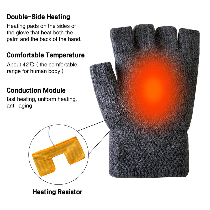 Women's & Men's USB Heated Gloves Mitten Full & Half Fingerless Winter Hands Warmer Laptop Gloves Pure Grey