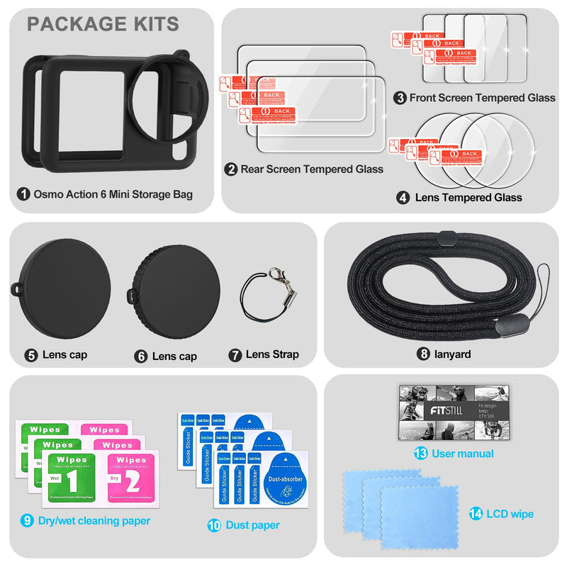 FiTSTILL Silicone Rubber Case+3Pack Tempered Glass Protector Compatible for DJI Osmo Action 6,Rubber Case&Lens Caps&Screen Protectors&Lanyardfor Protective Full Cover Shell Action6 Accessories Kit